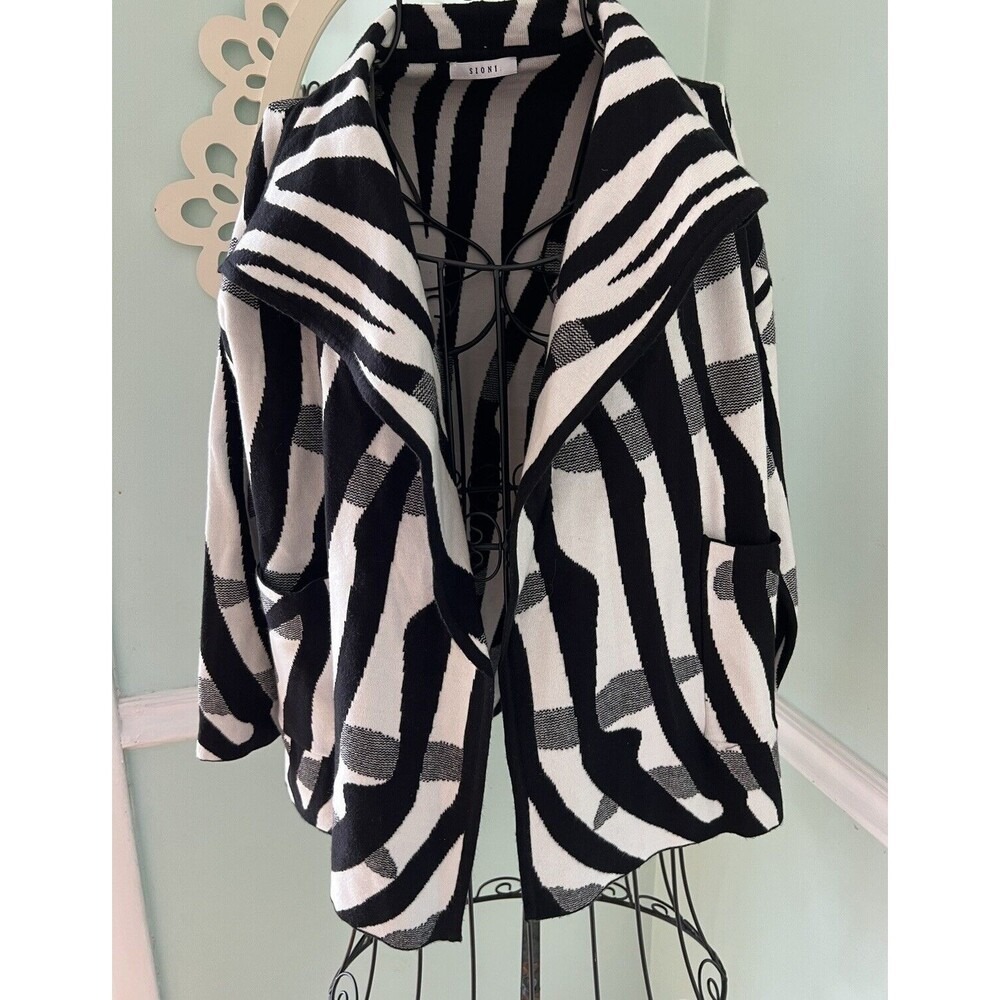 Sioni Womens Black‎ White Zebra Print Open Front Knit Cardigan Sweater Jacket